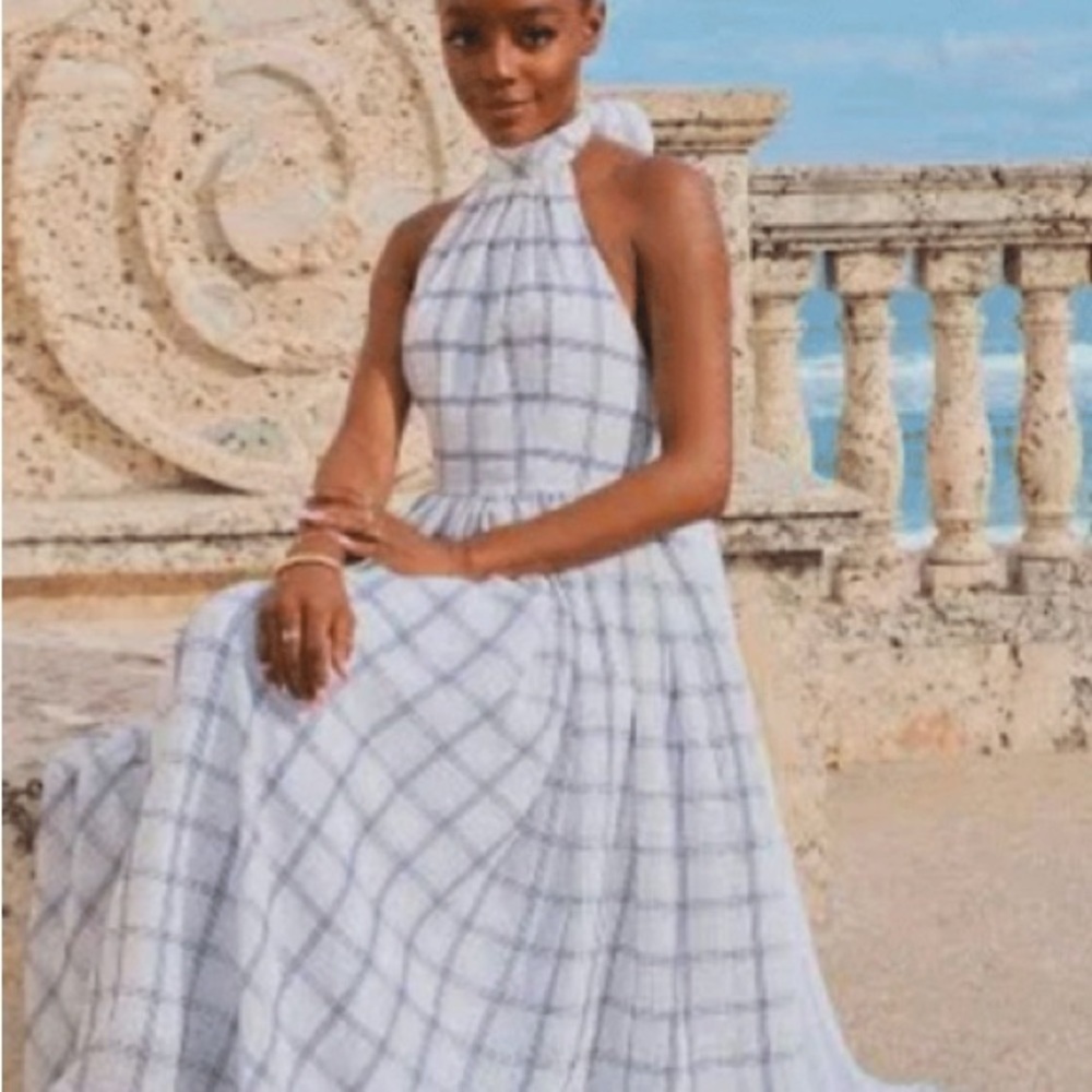 Gianni Bini White and Light Gray Plaid Halter Maxi Dress
